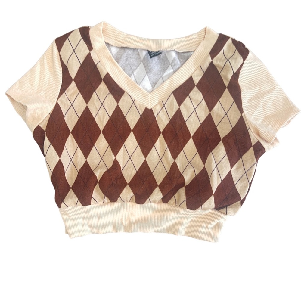 Shein Womens Top Size 4/5 Juniors Brown Tan Argyle Crop Shirt